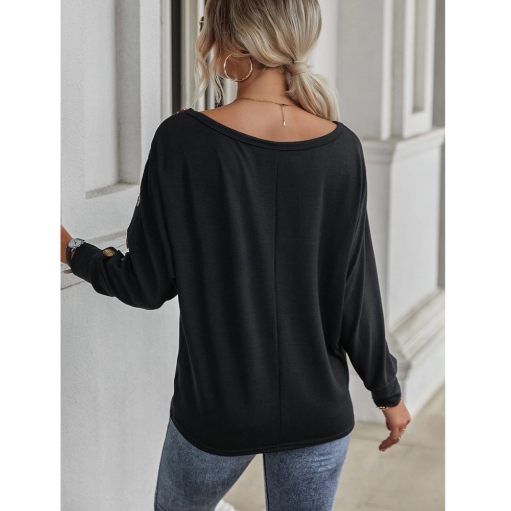 Black Long Sleeve Boat Neck Tee Shirt Button Detail - Picture 3 of 7